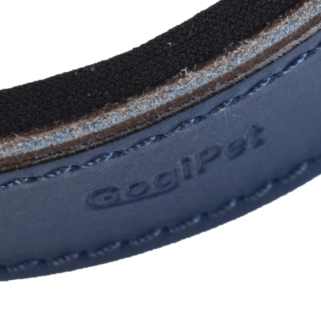 Blue genuine leather dog collar with colour coordinated seams