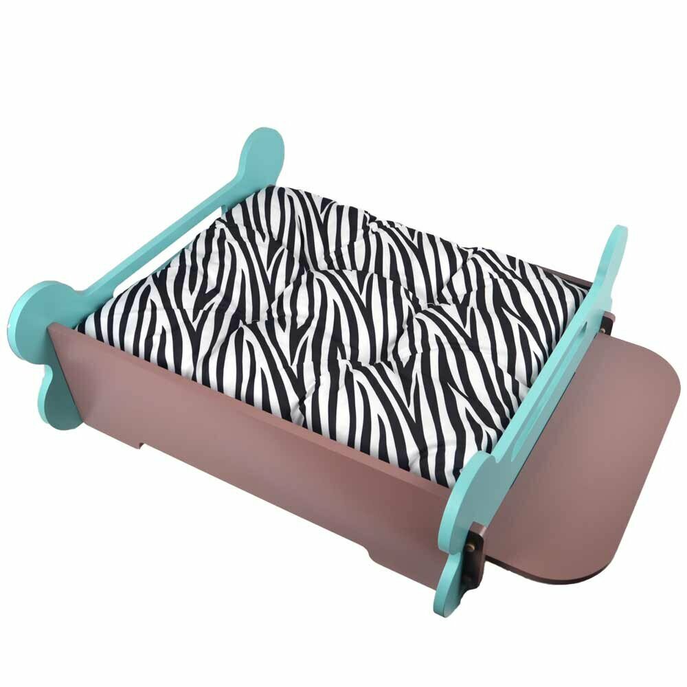 Wooden bed for dogs with turquoise feet in bone shape