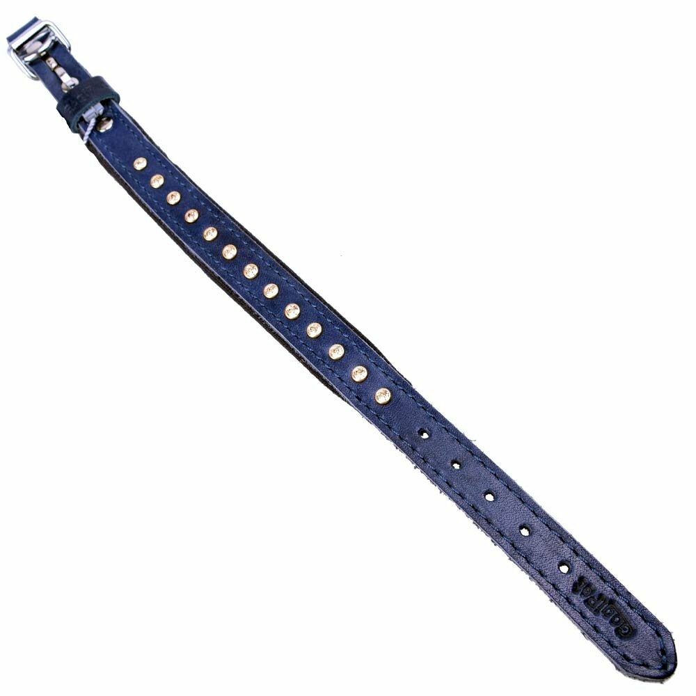 Blue leather dog collar with Swarovski crystals