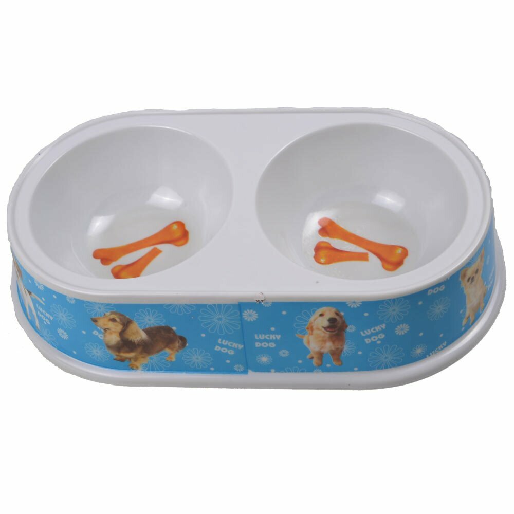 Double pet bowl 2 x 175 ml blue with dots