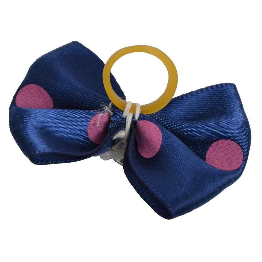 Dog bow with rubber ring - blue with stone and polka dots by GogiPet