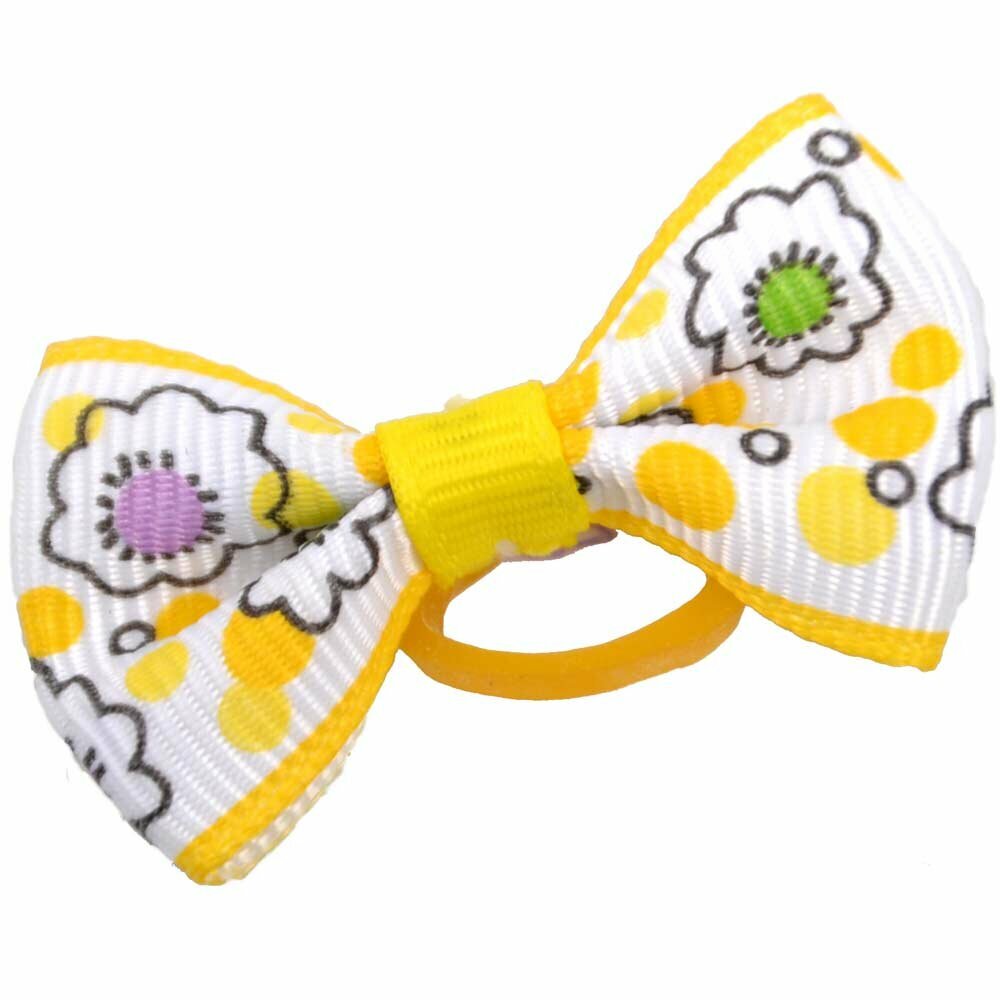 Dog hair bow rubberring yellow - white with flowers by GogiPet