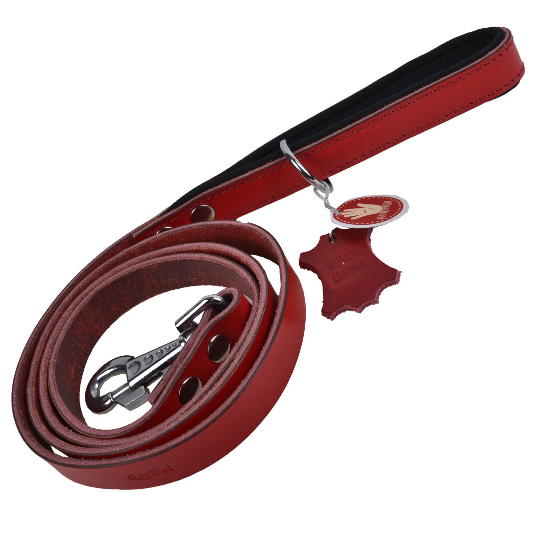 Handmade, red genuine leather dog leash with padded handle
