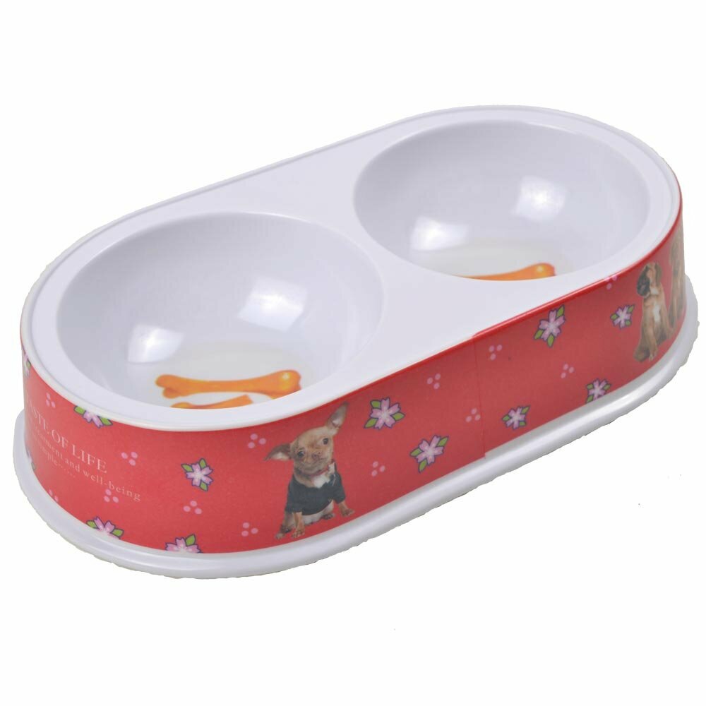 Double pet bowl 2 x 200 ml red with Flowers