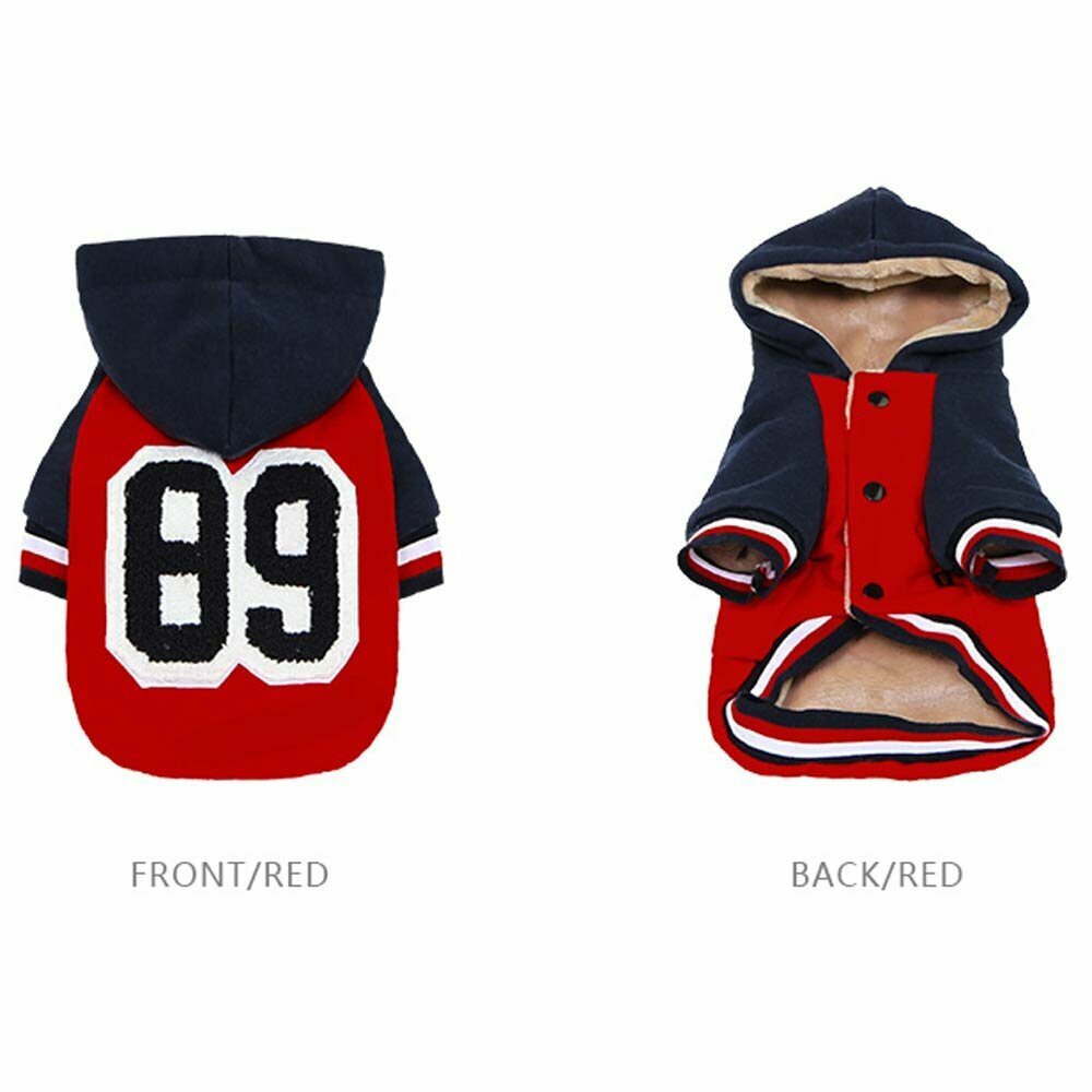 Front view and rear view of the warm dog jacket of GogiPet - red dog jacket Baseball 89