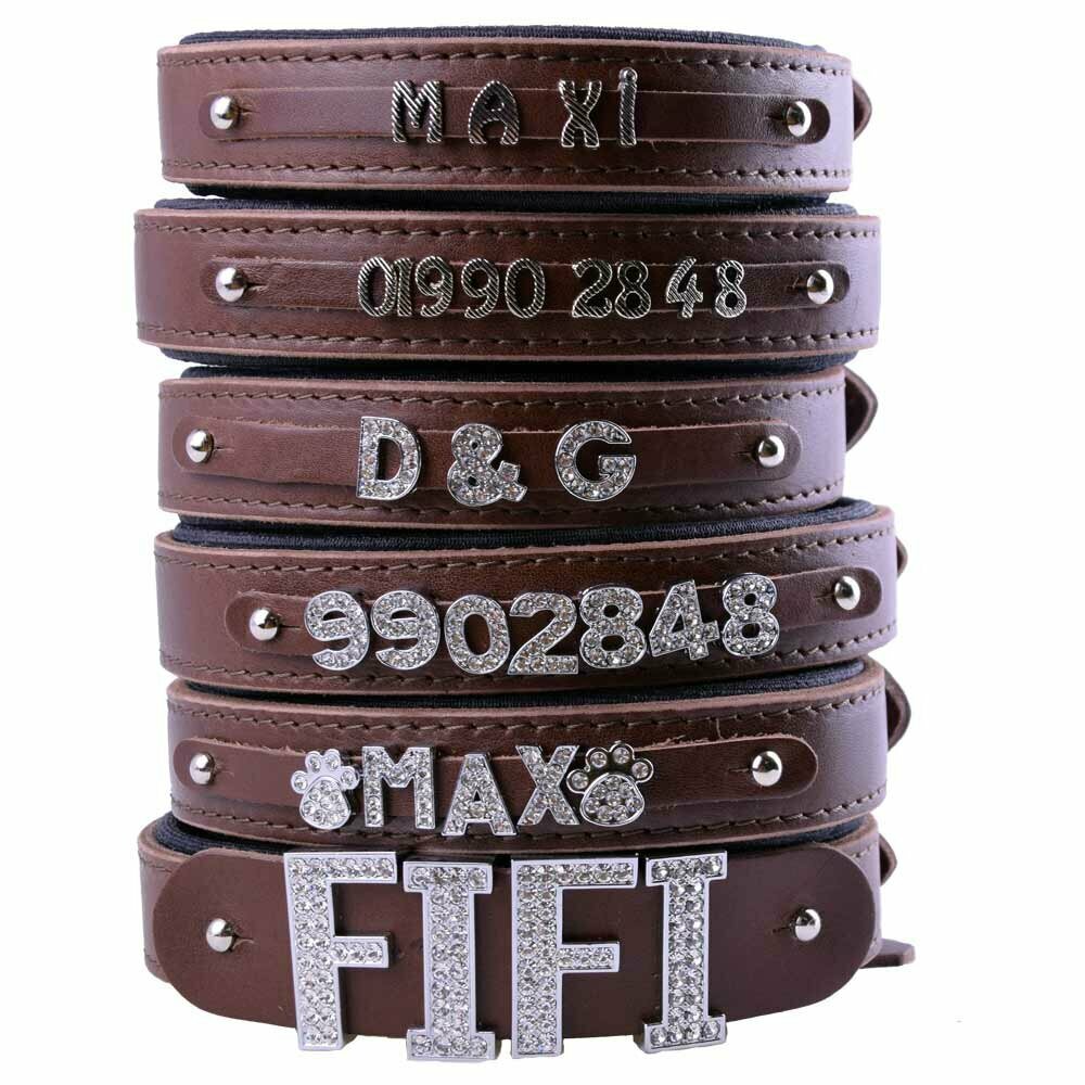 Name collar made of genuine leather brown Adapters for letters and numbers