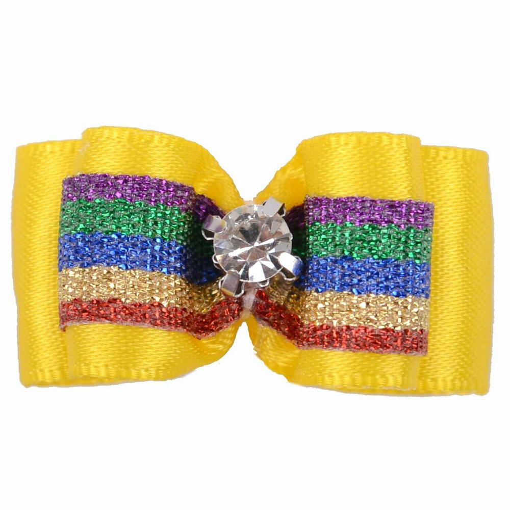 GogiPet dog bow yellow with rainbow and gemstone