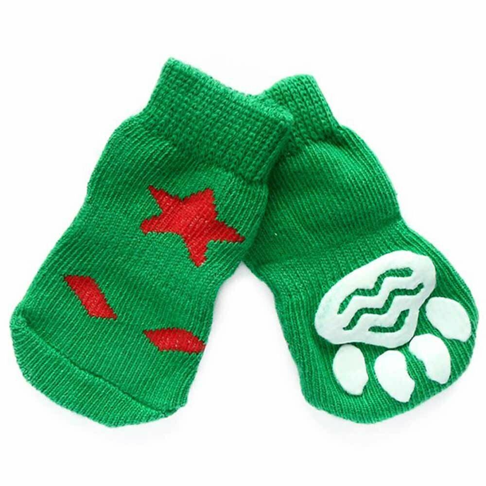 Anti-slip dog socks green with red star