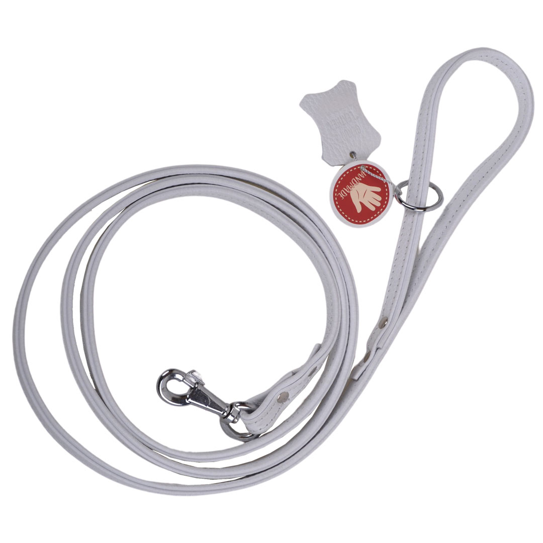 Handmade, white floater leather dog leash with metal ring for the waste bag dispenser