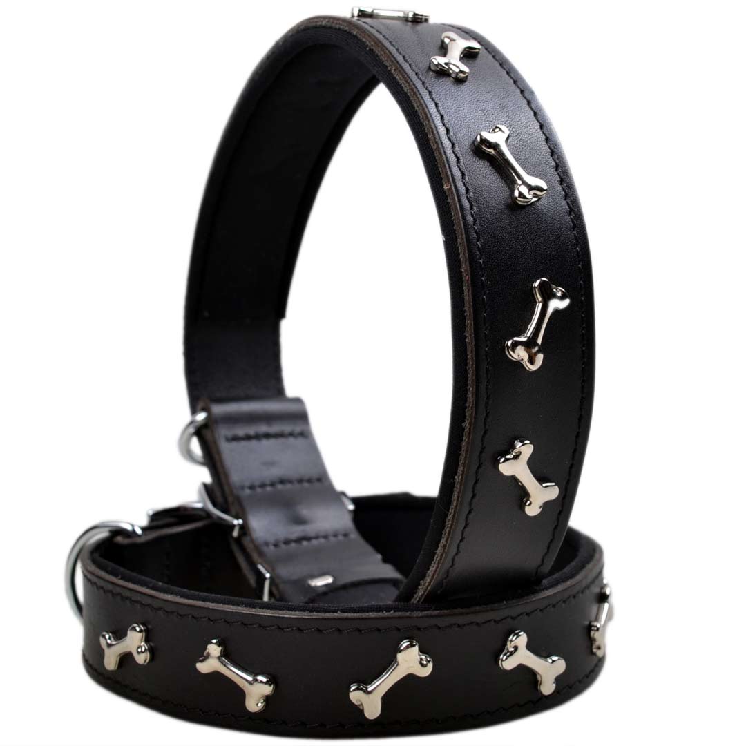 GogiPet bone decor genuine leather dog collar black with soft lining