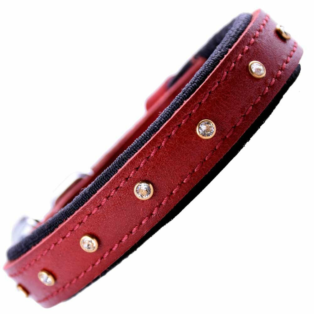 Red dog collar with Swarovski stones made from genuine cowhide leather