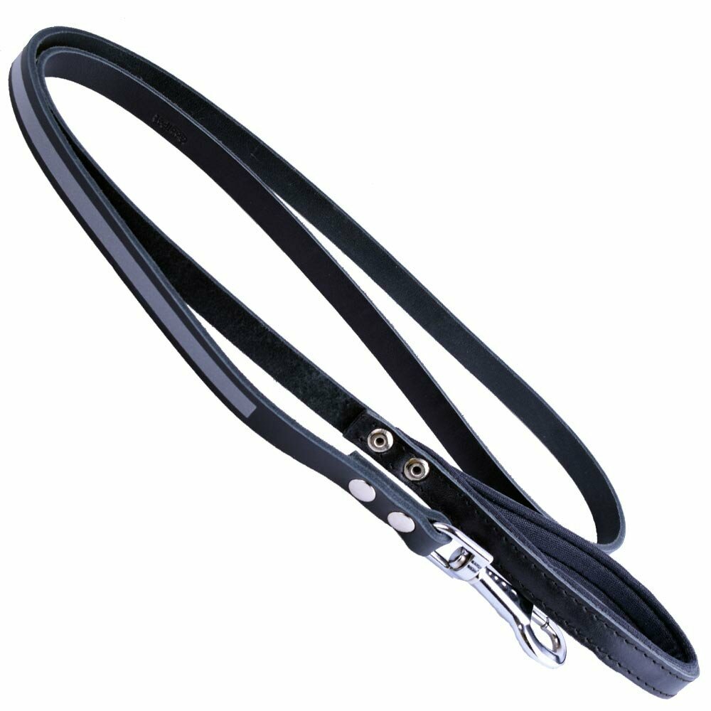 Black dog leash made of genuine leather, handcrafted as a glowing dog leash in the spotlight