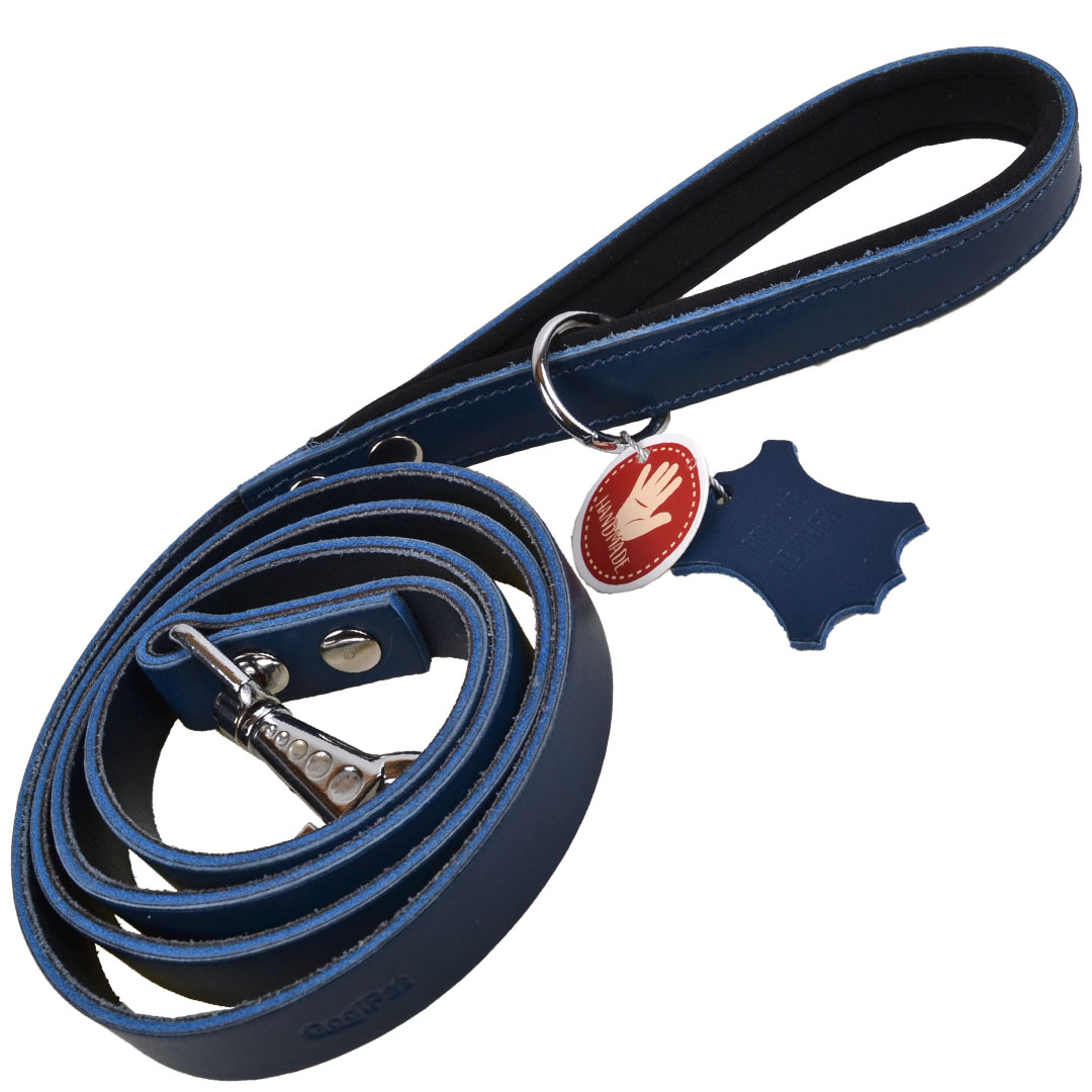 Handmade, blue genuine leather dog leash with padded handle