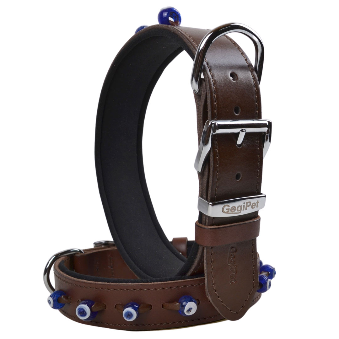 GogiPet Nazar eyes dog collar made of brown leather with numerous Nazar glass ornaments from traditional handcraft