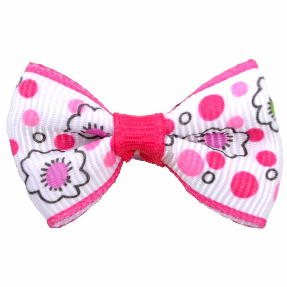 Handmade dog bow pink - white with flowers by GogiPet