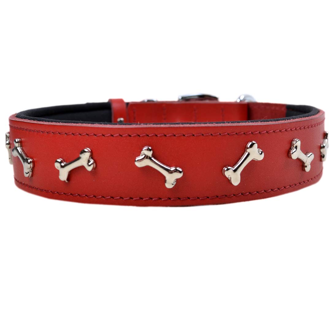 Leather dog collar red with soft lining and bone decoration by GogiPet