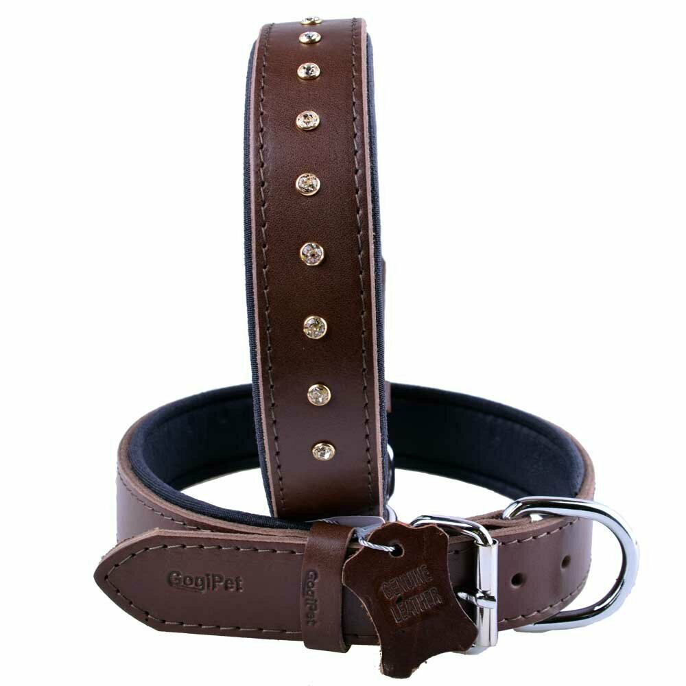 GogiPet® Swarovski leather dog collar dark brown colour