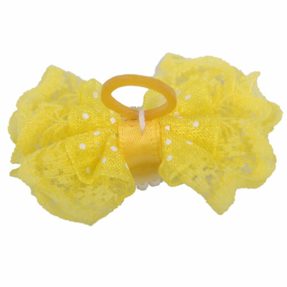 Dog bow with rubber ring - made of yellow lace with glittering stone by GogiPet