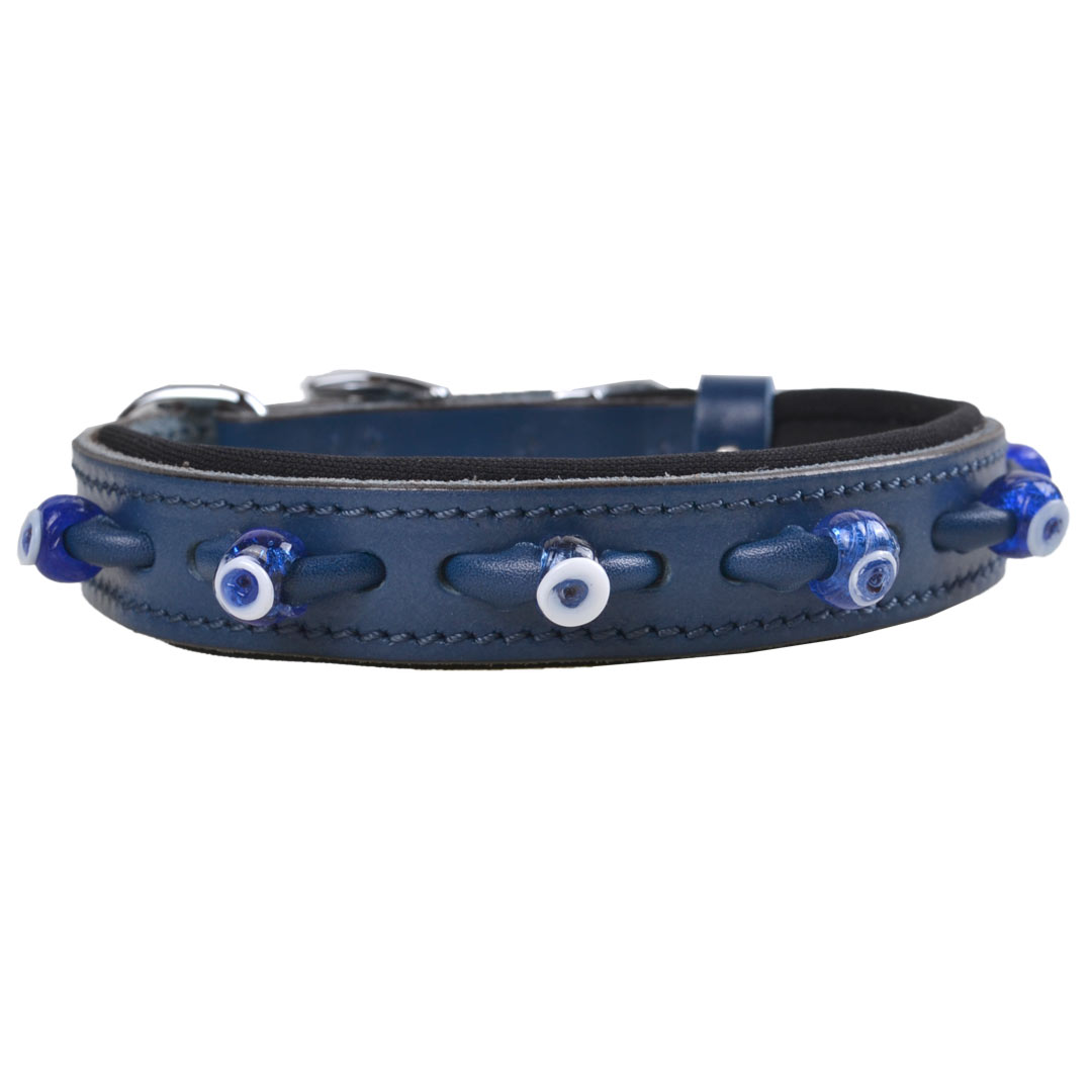 Handmade blue leather dog collar with soft lining and handmade osmanic eyes in old traditional way.