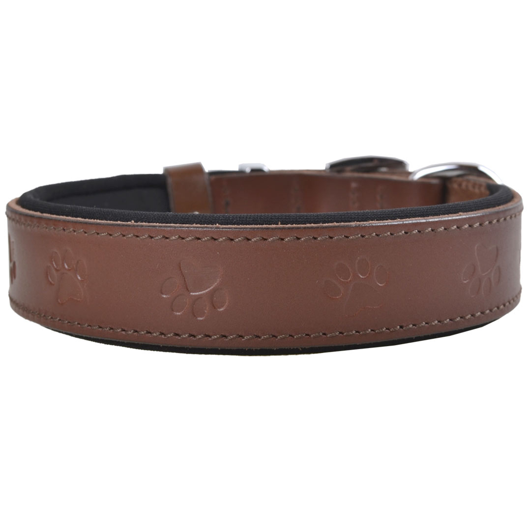 Cute brown genuine leather dog collar with paws by GogiPet