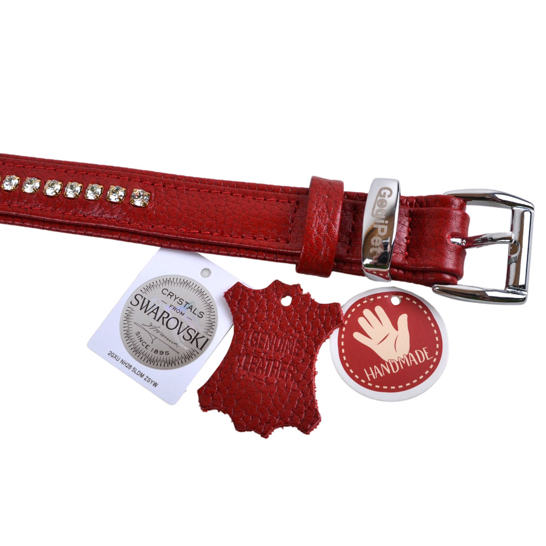 Red, handmade Swarovski genuine leather dog collar
