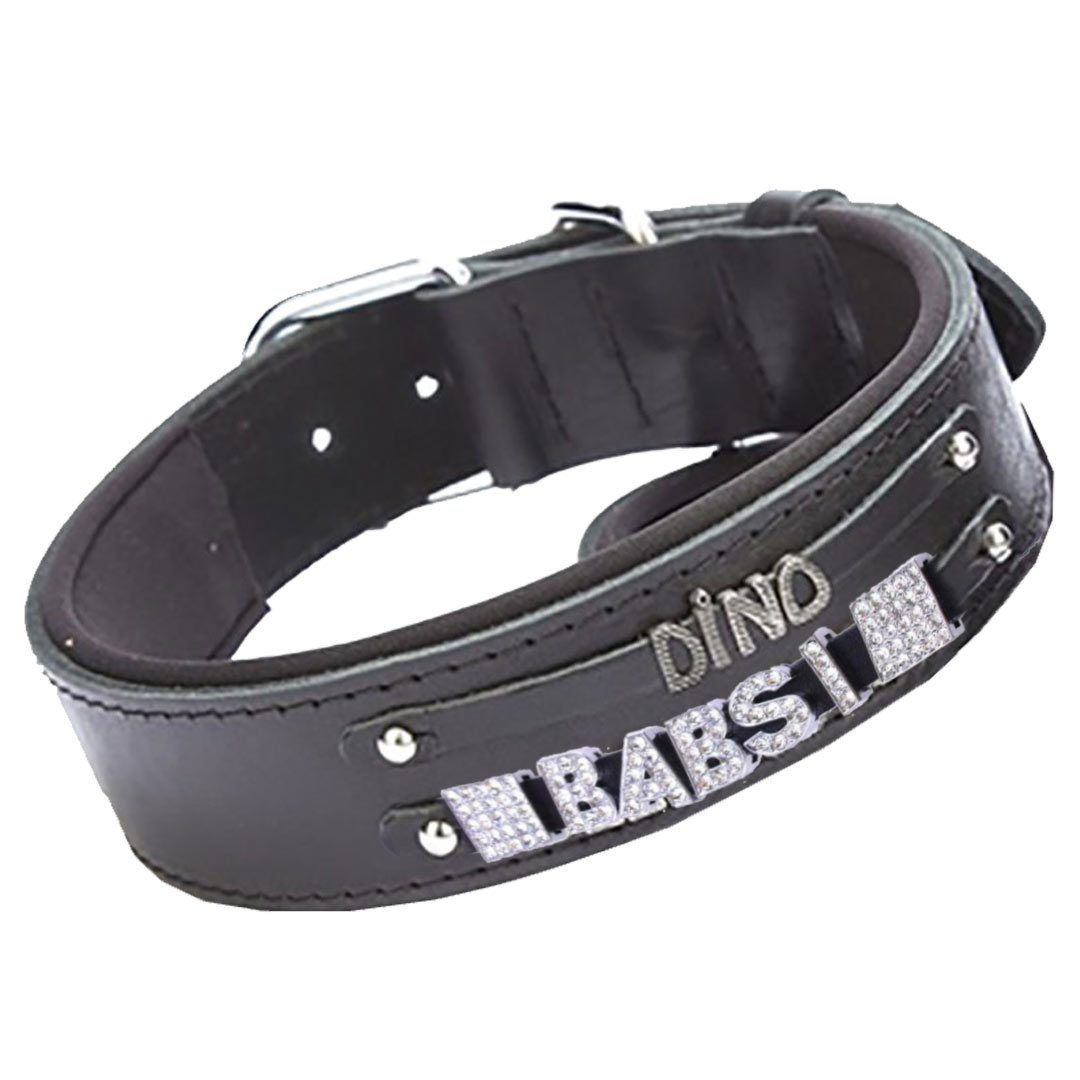 Black leather dog collar as a name collar or number collar for metal motifs and rhinestone motifs