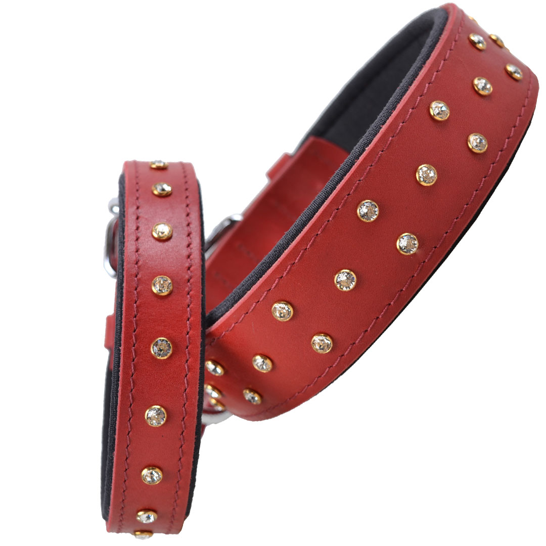 Handmade Swarovski comfort leather dog collar red