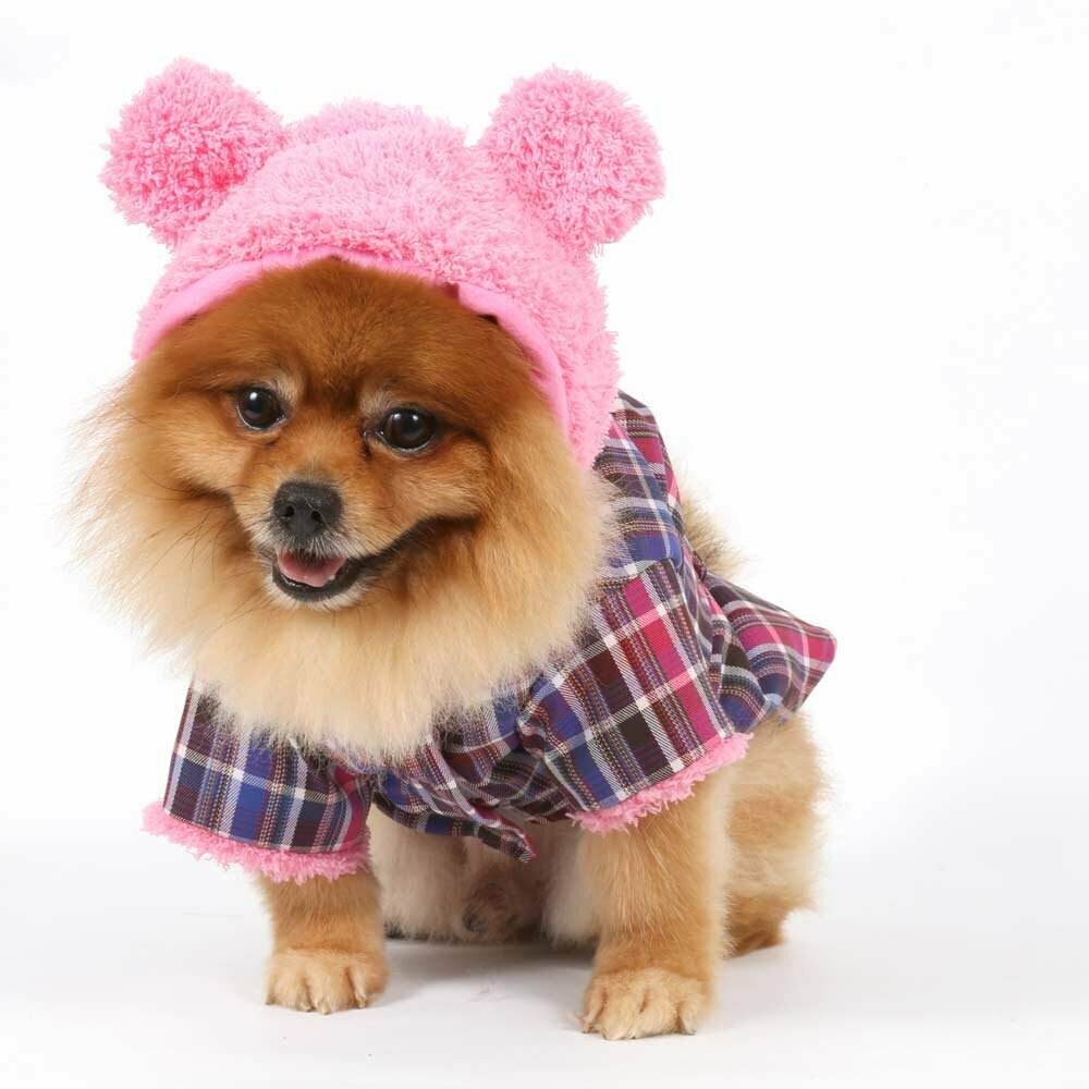 Fluffy, pink dog coat with hood ears
