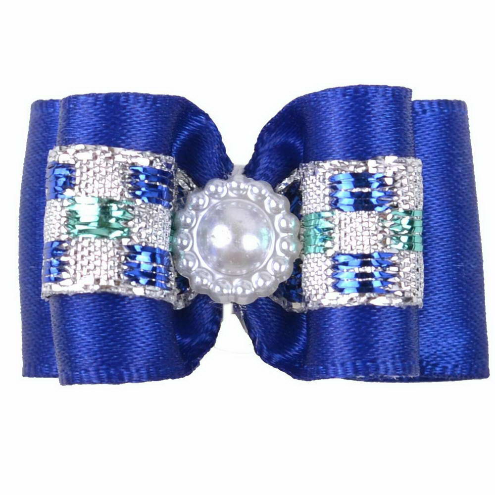 GogiPet dog bow blue "Querida" with flowerpearl and glitterthreads