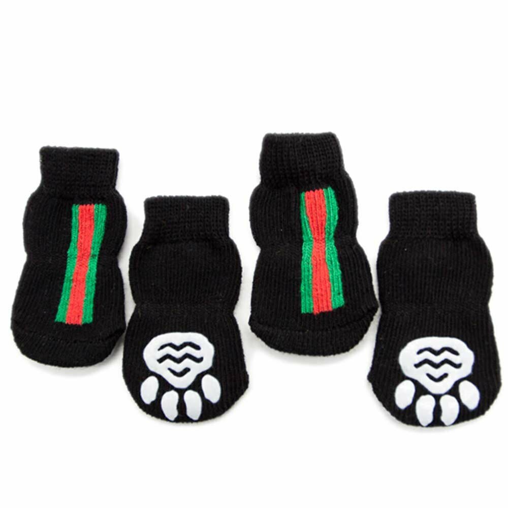 Anti-slip dog socks black with red and green stripes