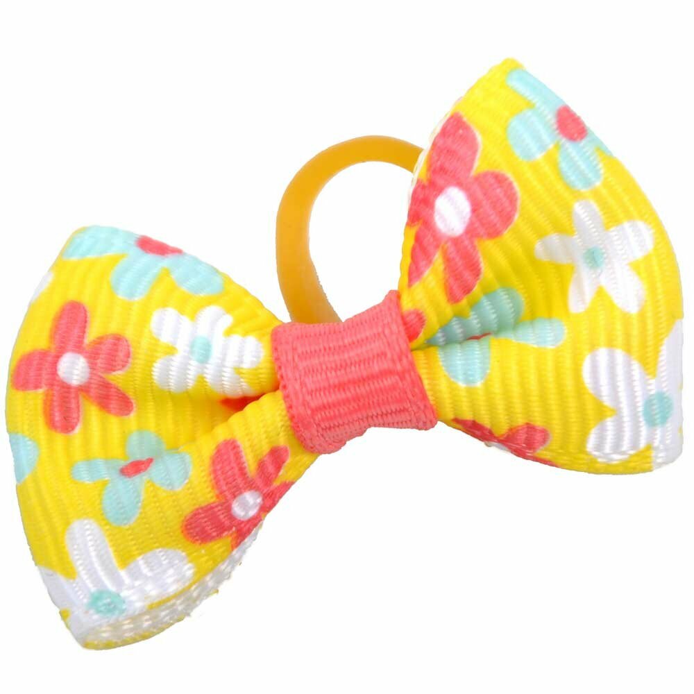 Dog hair bow rubberring yellow with flowers by GogiPet