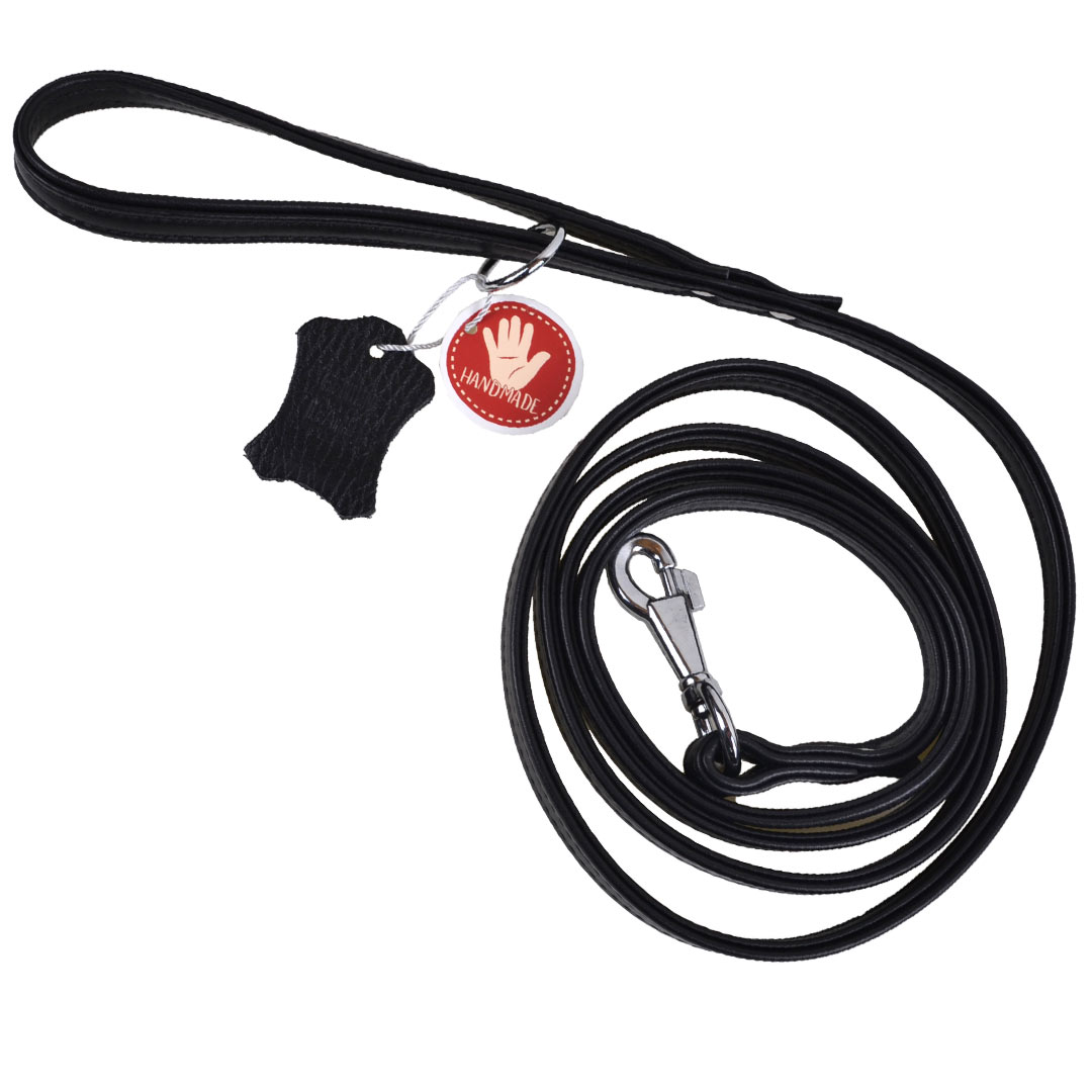Handmade, black floater leather dog leash with metal ring for the excrement bag dispenser