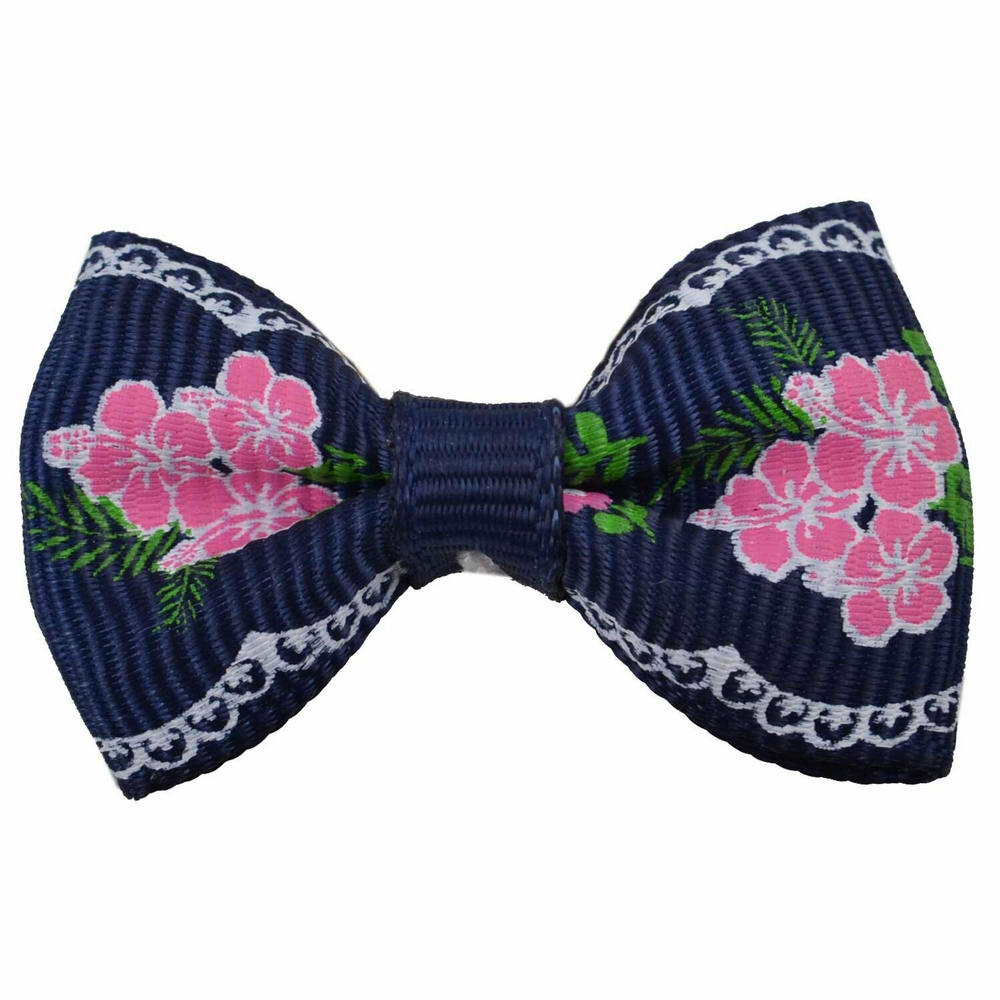 Handmade dog bow dark blue with flowers by GogiPet