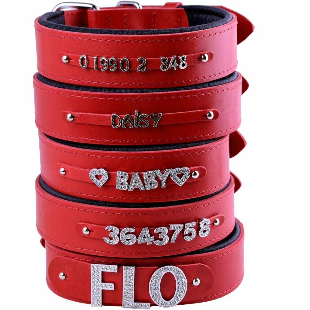 Name collar made of genuine leather red, well padded