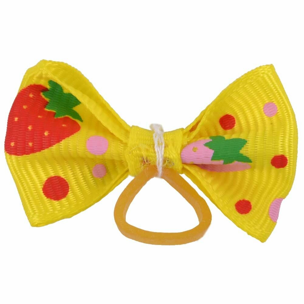 Handgemachte HundeDog hair bow rubberring yellow - with strawberries by GogiPetmasche gelb mit Erdbeeren von GogiPet