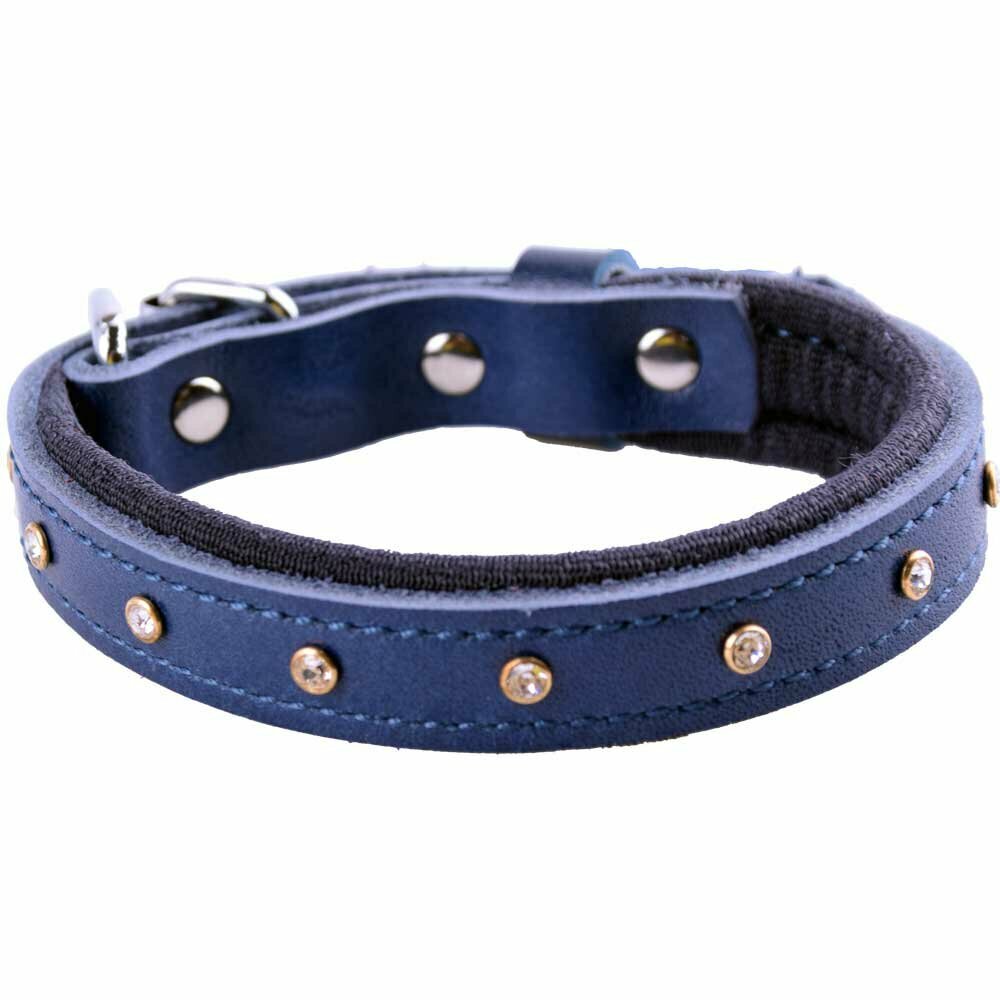 GogiPet® Swarovski leather dog collar blue with soft padding