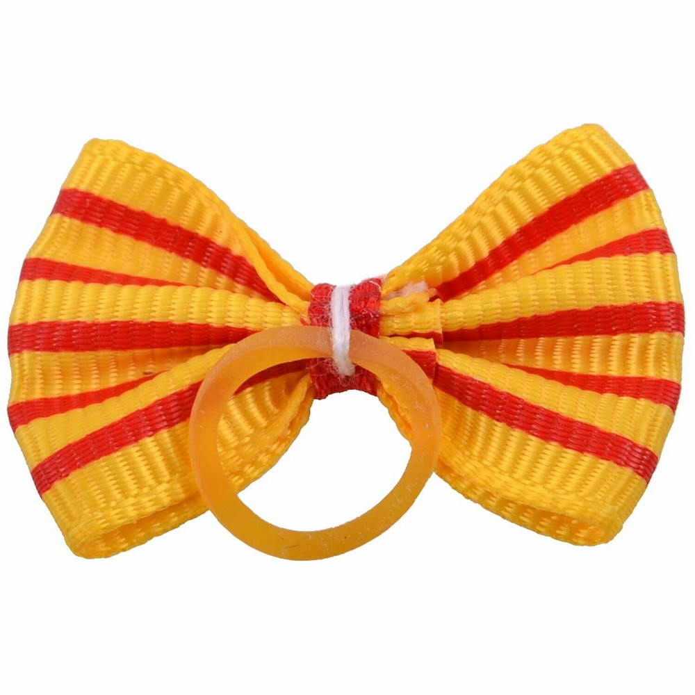 Hair bow with rubber band yellow with red stripes by GogiPet