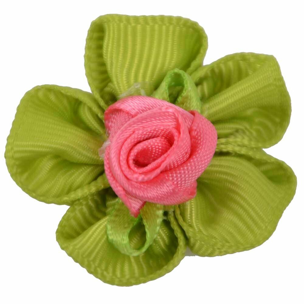 Handmade dog bow dark green with little rose by GogiPet