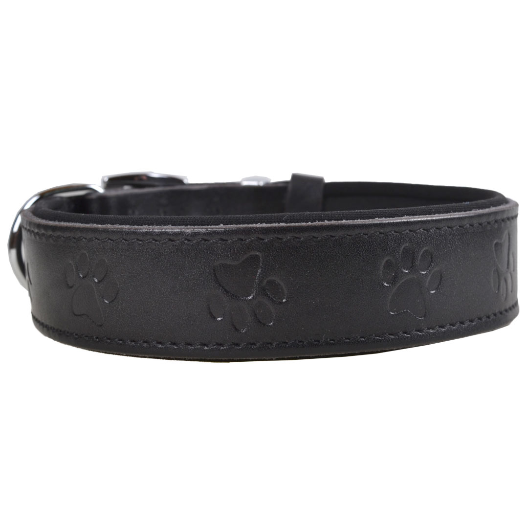 Cute, black genuine leather dog collar with paws from GogiPet