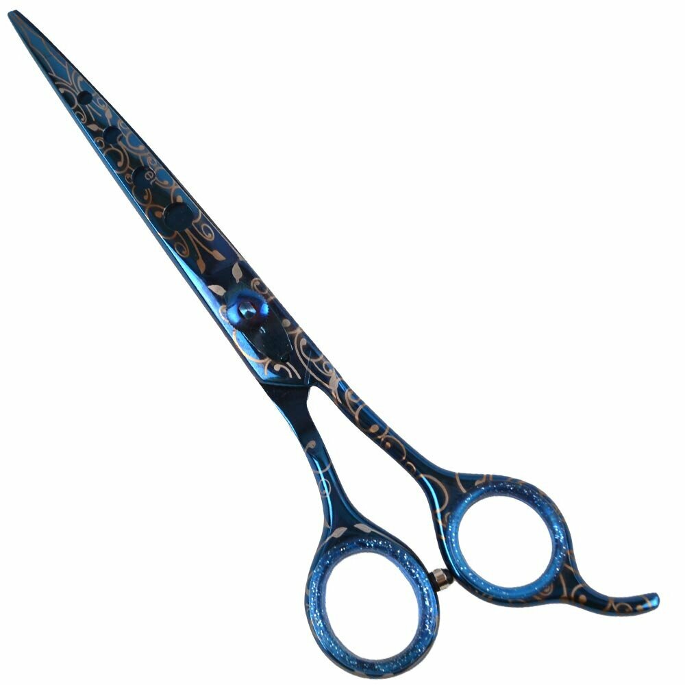 Designer dog scissors from Japanese stainless steel 19 cm 7,5 inch blue extra light curved