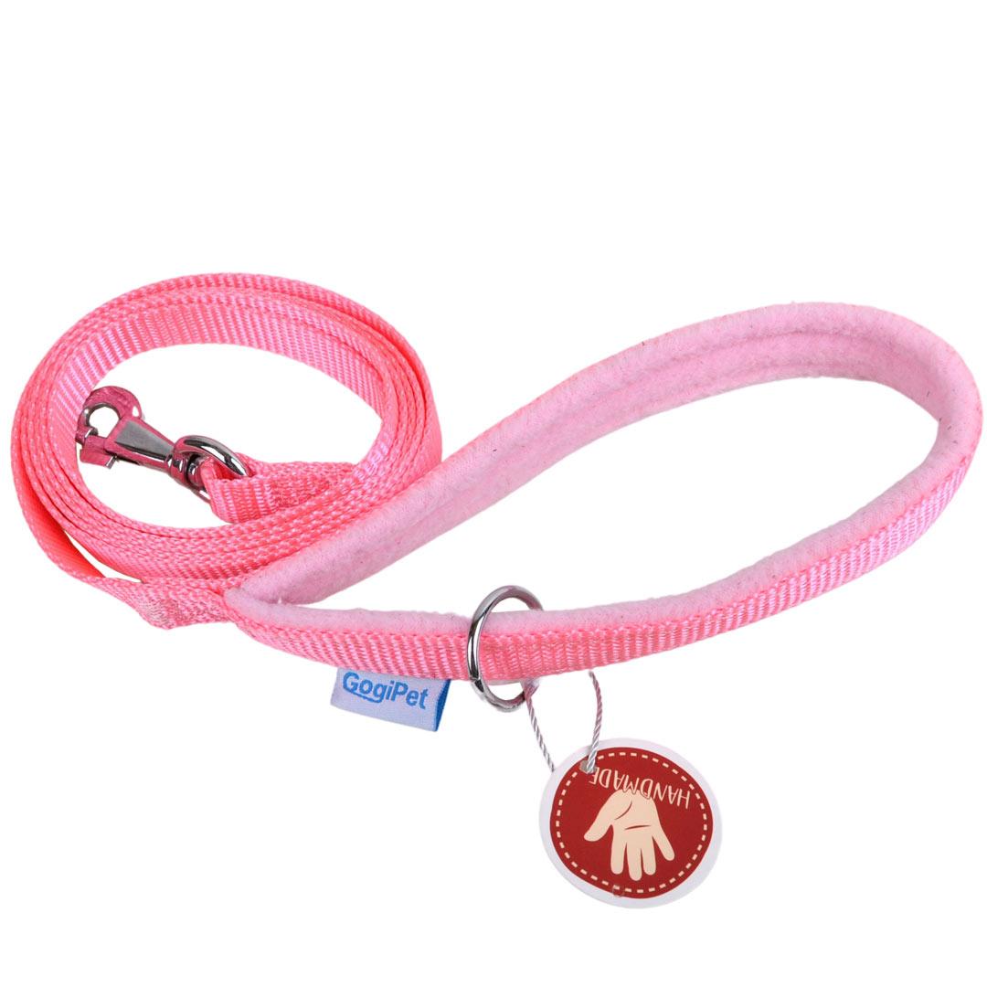 Handmade GogiPet dog leash - pink with soft polar fleece handle