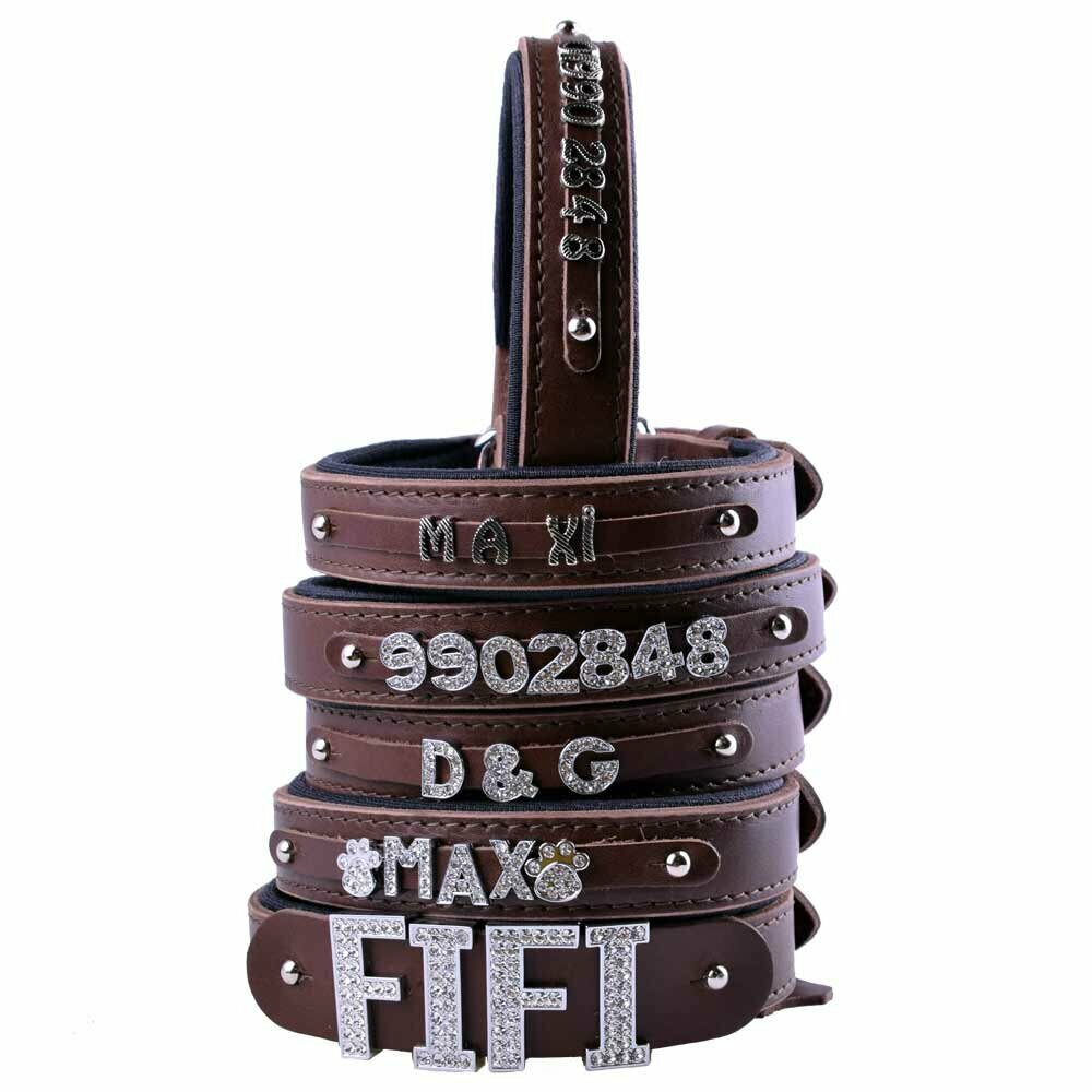 GogiPet® real leather name collar brown with letter stripes