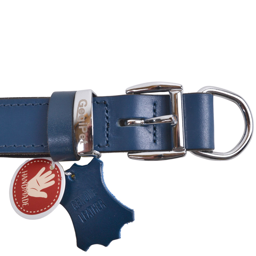 Handmade comfort dog collars made of robust, blue leather with soft padding