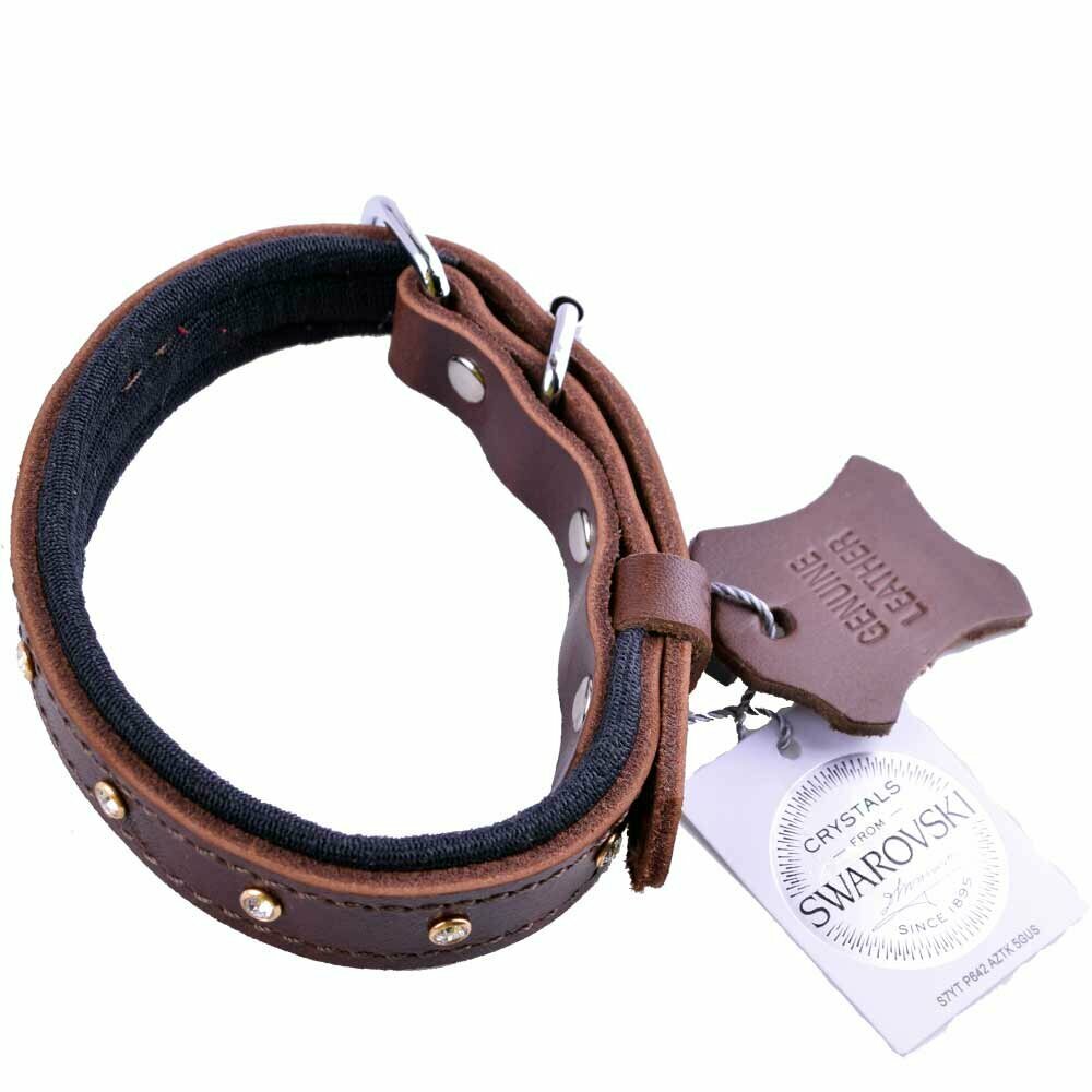 Beautiful brown leather dog collar with Swarovski stones