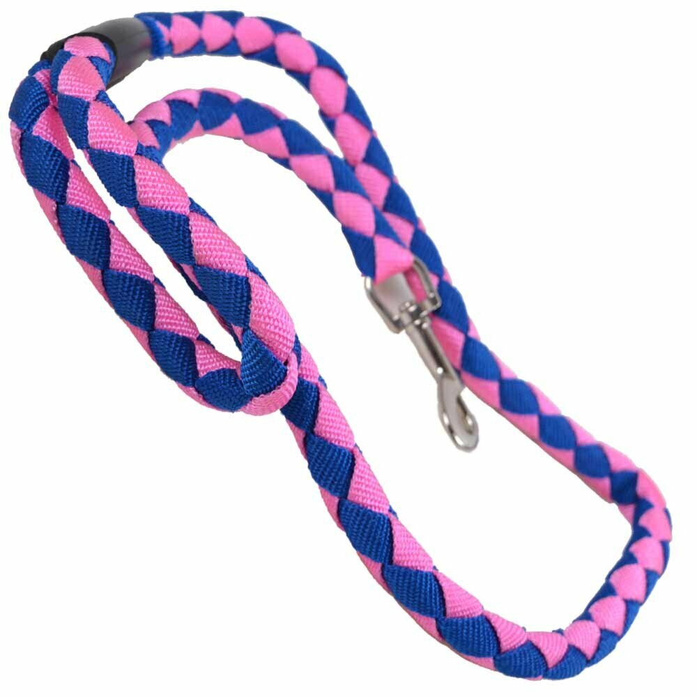 Round dog leash made of sturdy pink blue nylon fabric