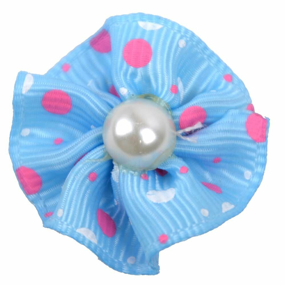 Handmade dog bow light blue with polka dots and a pearl by GogiPet