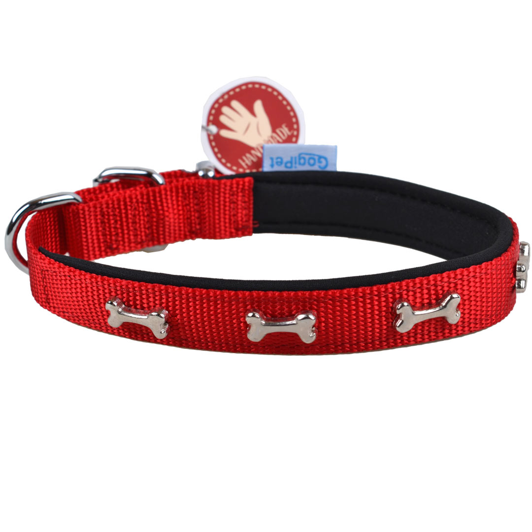 Handmade red dog collar from GogiPet with bone