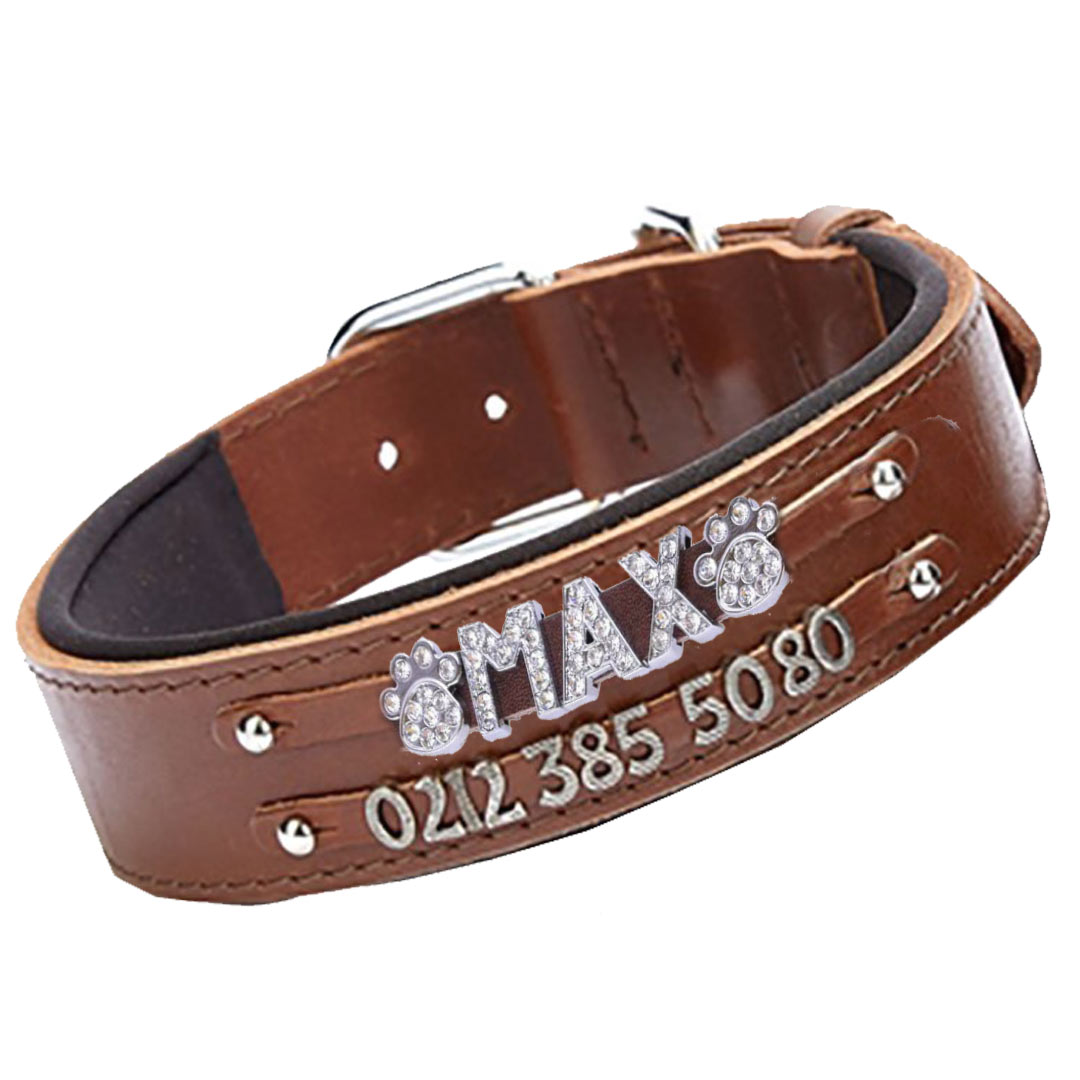 Leather dog collar brown as name collar or number collar for metal and rhinestone motifs