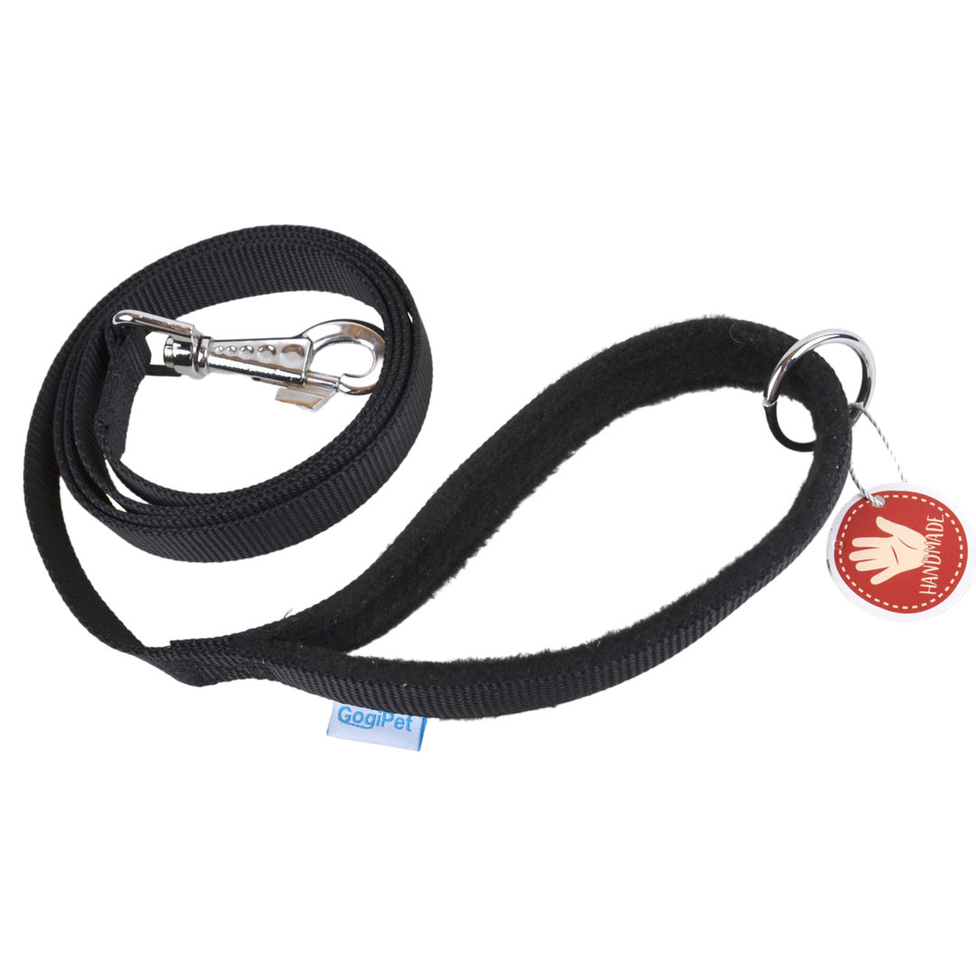Handmade GogiPet dog leash - black with soft polar fleece handle