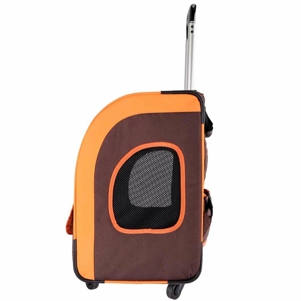 Well aerated dog trolley and brown dog rucksack brown orange